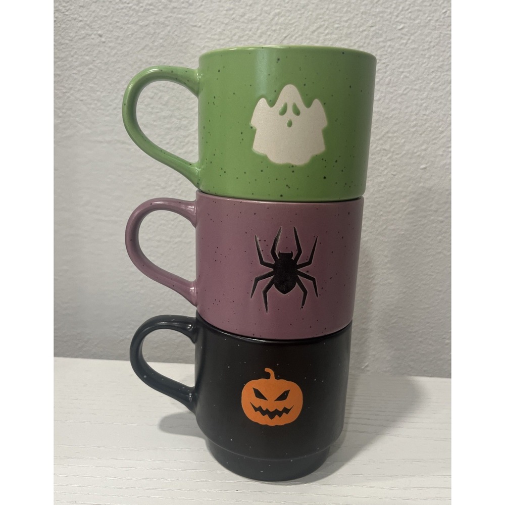 (3) Boston Warehouse‎ Halloween Ghost Spider Pumpkin Stoneware Stackable Mug Set